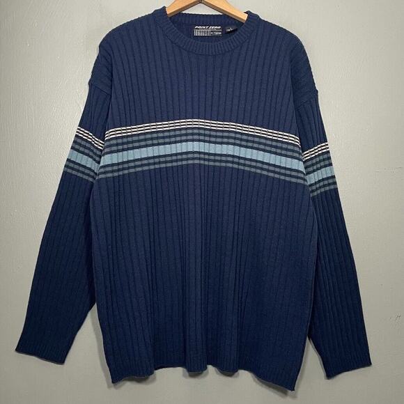 Point Zero Mens Size Large Blue Stripe Skater Sweater Preppy Ribbed Knit 90s Y2K